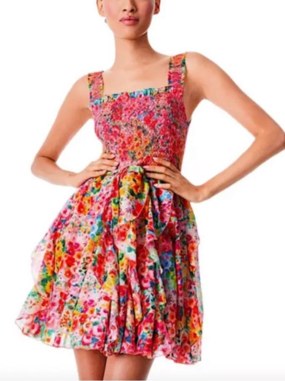 Alice + Olivia Jocelyn Smocked Mini Dress 6 Silk Blend Coquette Girl Party - Picture 1 of 13